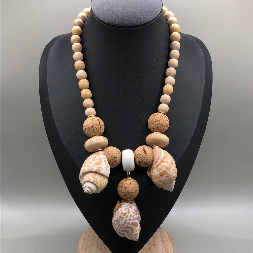Vintage artisan wooden bead and real sea shells statement style beach necklace.